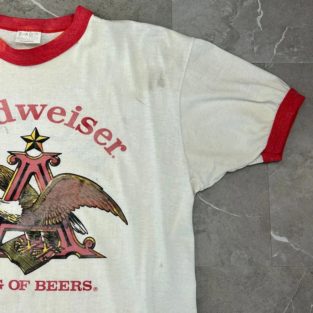 80s Vintage Budweiser Graphic Ringer Tee Mens XL Distressed King Of Beer Shirt